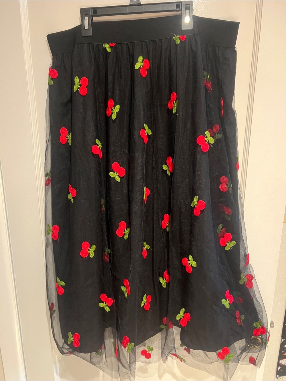 Black Tulle Midi Skirt with Red Cherry Embroidery